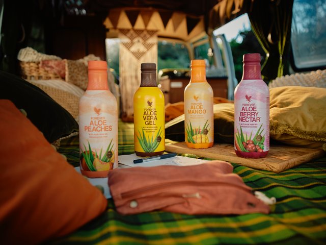 Aloe Vera bottles on picnic blanket